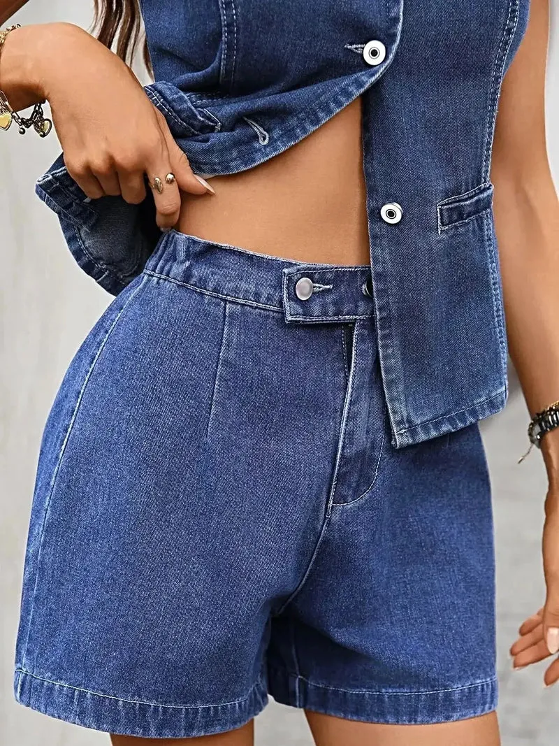 Stijlvolle mouwloze denim outfitset met vest met knoopjes en shorts voor een moeiteloos chique look.