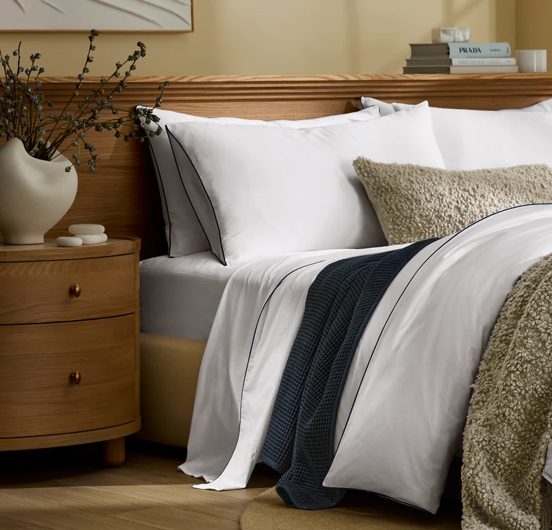 Signature Embellished Sheet Set - White/Coastal Navy Piped Edge