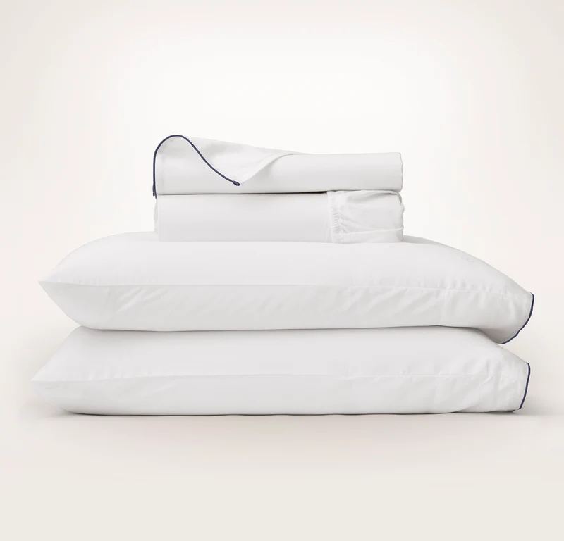 Percale Embellished Sheet Set - White/Coastal Navy Piped Edge