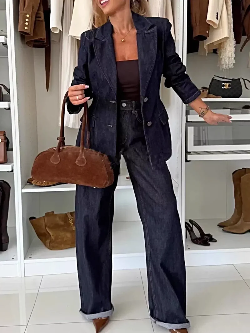 Stijlvolle blazer en jeansset met enkele rij knopen - 65% katoen, geen stretch, tweedelig ensemble