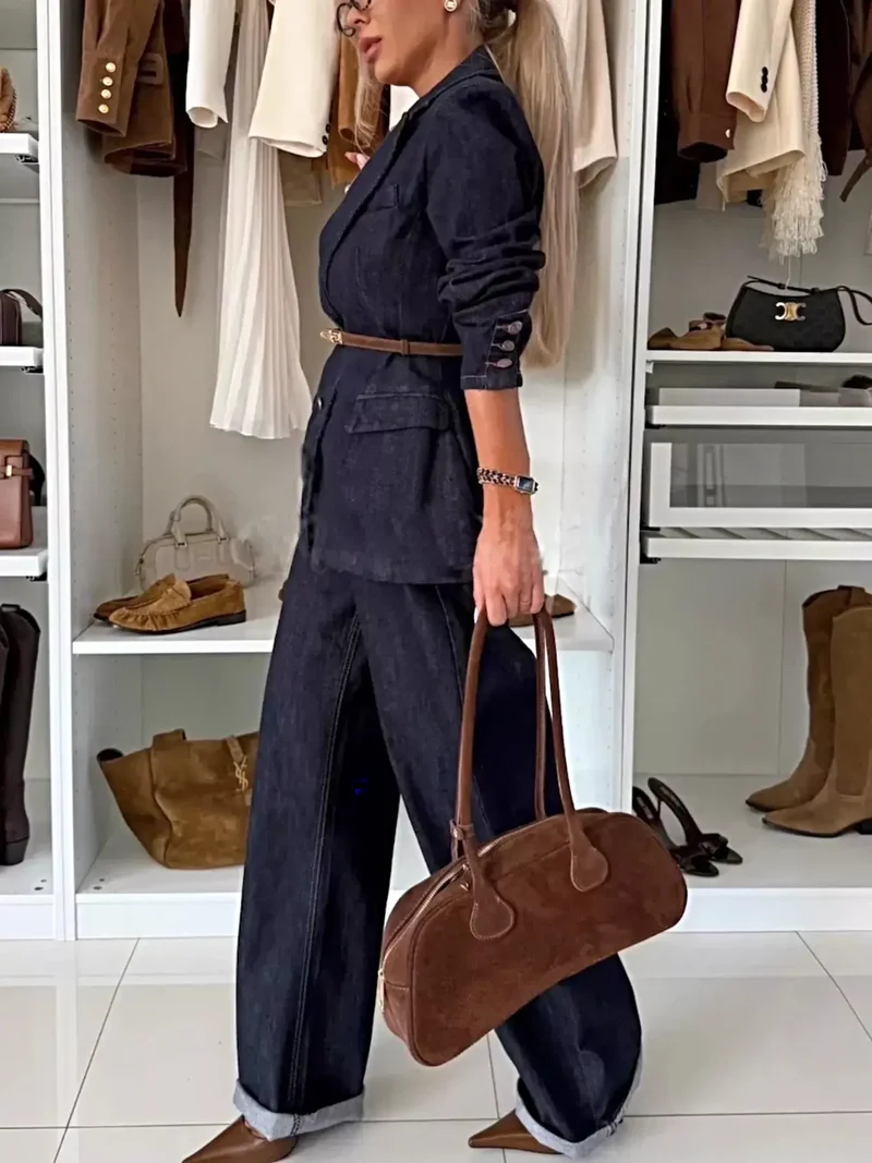 Stijlvolle blazer en jeansset met enkele rij knopen - 65% katoen, geen stretch, tweedelig ensemble