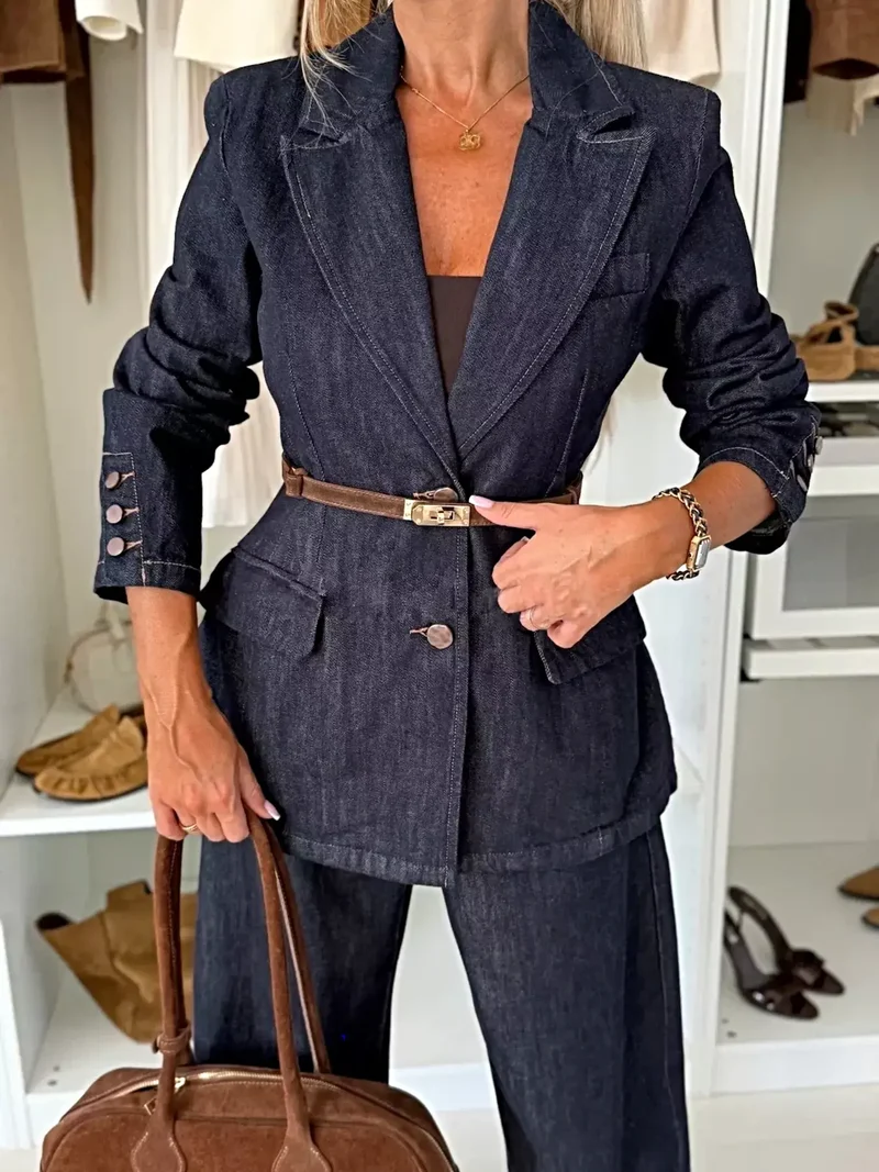 Stijlvolle blazer en jeansset met enkele rij knopen - 65% katoen, geen stretch, tweedelig ensemble