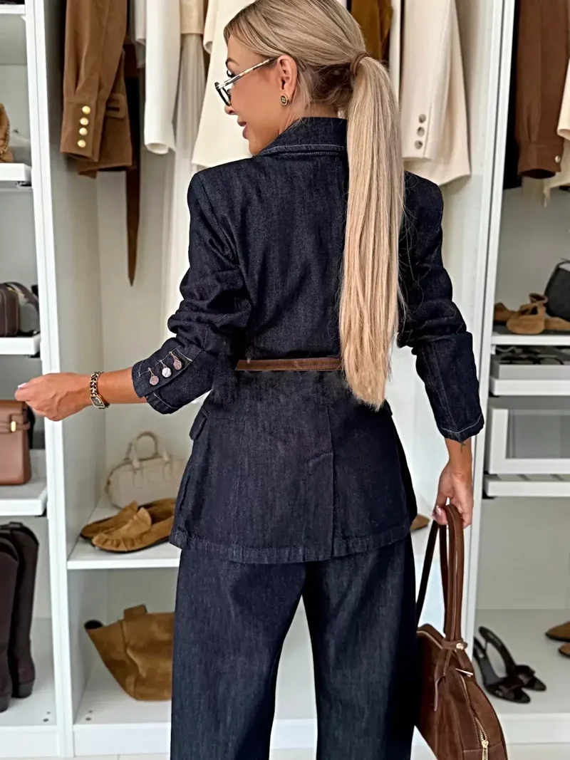 Stijlvolle blazer en jeansset met enkele rij knopen - 65% katoen, geen stretch, tweedelig ensemble
