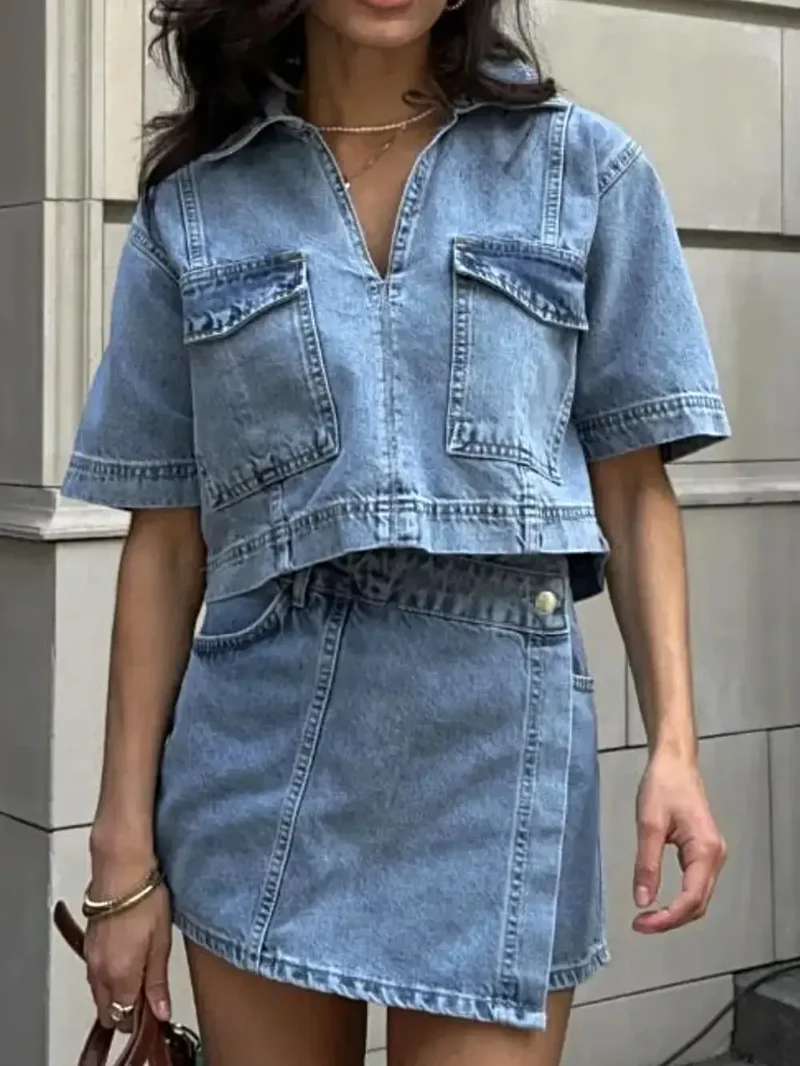 Johnny Collar denim top met korte mouwen en skort (tweedelige set) - Stijlvol en casual chic