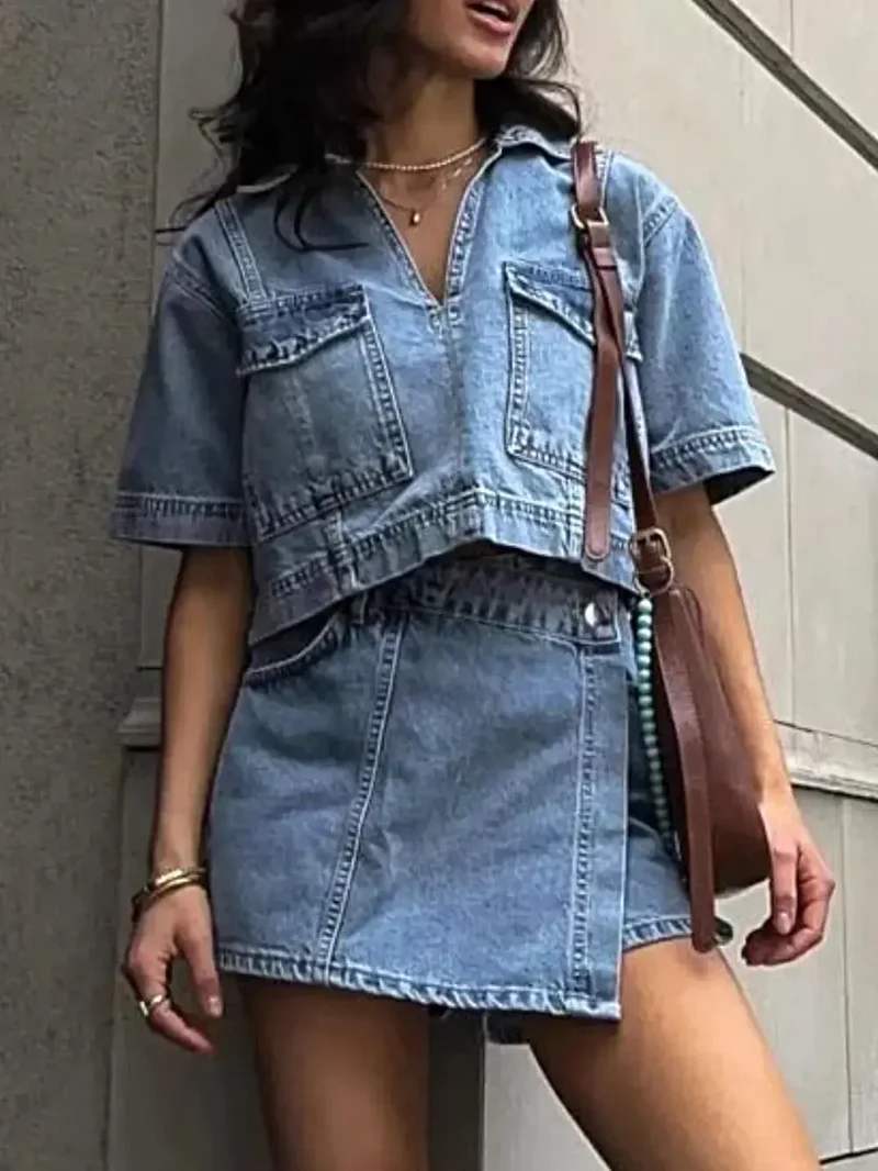 Johnny Collar denim top met korte mouwen en skort (tweedelige set) - Stijlvol en casual chic