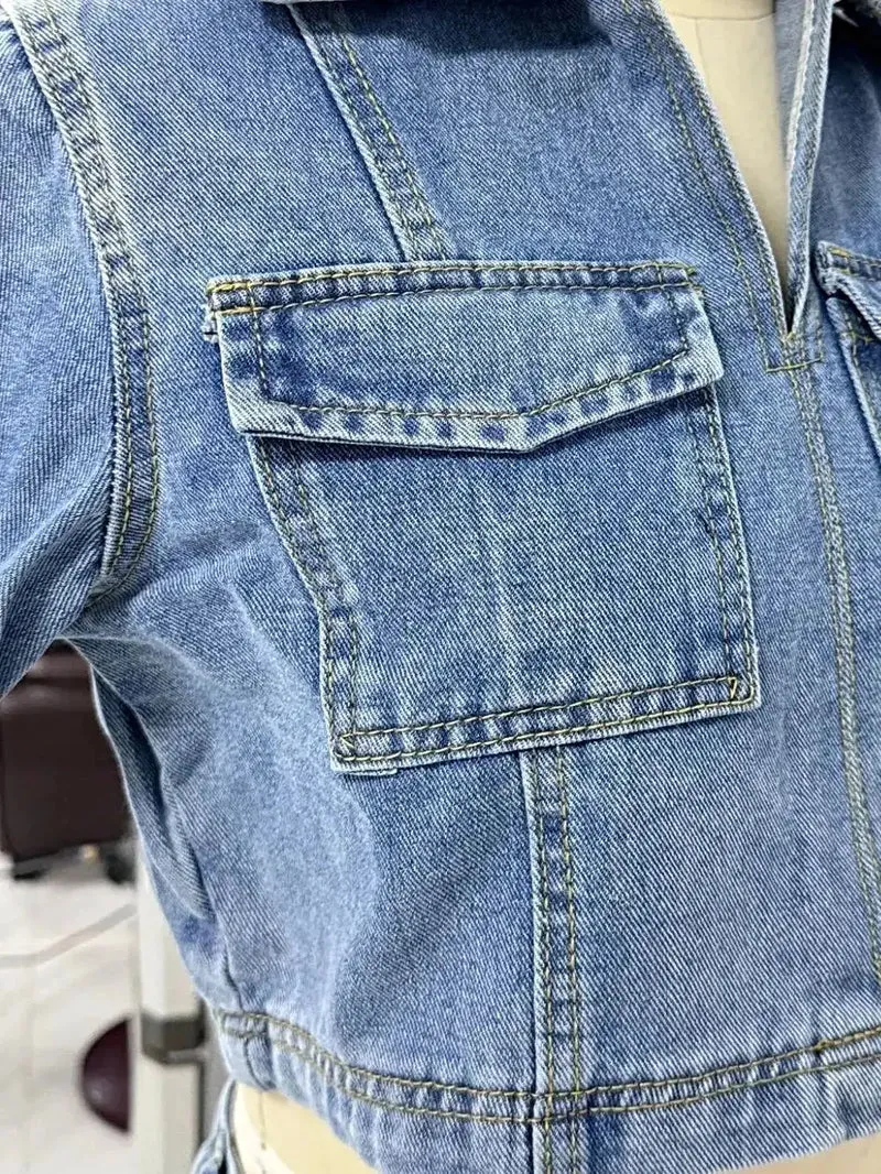 Johnny Collar denim top met korte mouwen en skort (tweedelige set) - Stijlvol en casual chic