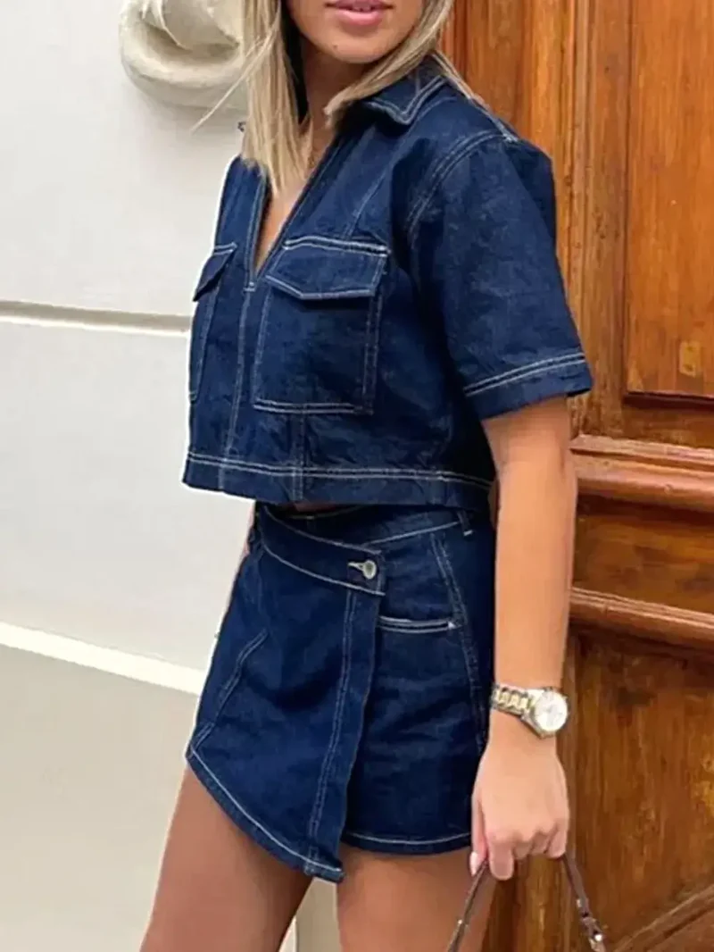 Johnny Collar denim top met korte mouwen en skort (tweedelige set) - Stijlvol en casual chic