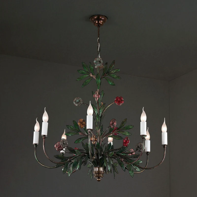 Casa Padrino Luxus Kronleuchter Mehrfarbig B. 130 x H. 110 cm - Handgefertigter Kronleuchter aus Schmiedeeisen mit handgeformten Blüten - Luxus Kollektion - Edel & Prunkvoll