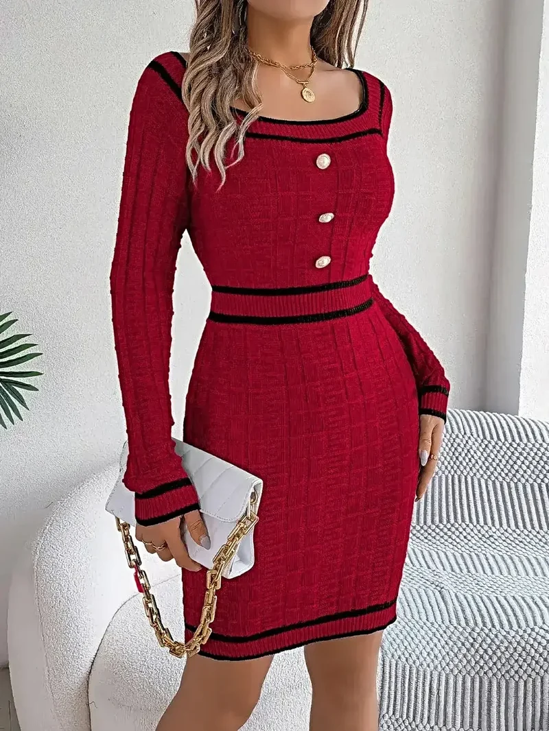 Trui-jurk met lange mouwen en contrasterende bies, gemaakt van acryl - elegante klassieke gebreide stijl