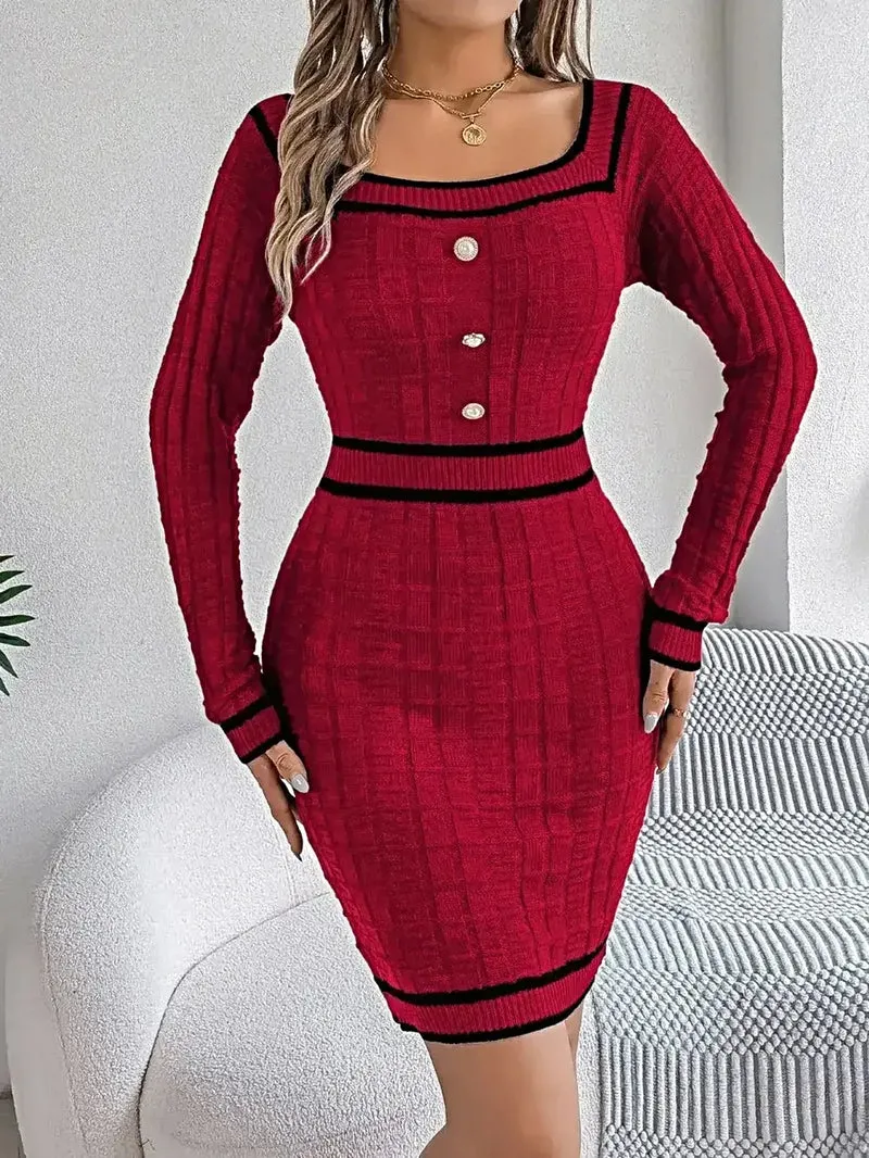 Trui-jurk met lange mouwen en contrasterende bies, gemaakt van acryl - elegante klassieke gebreide stijl