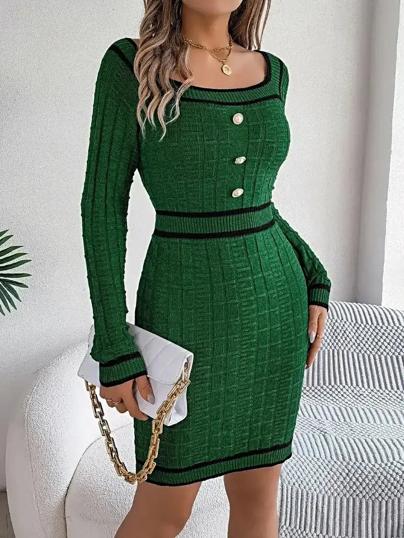 Trui-jurk met lange mouwen en contrasterende bies, gemaakt van acryl - elegante klassieke gebreide stijl