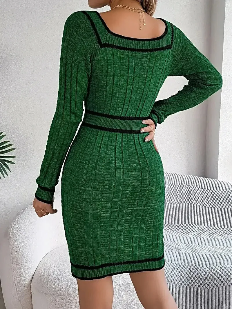 Trui-jurk met lange mouwen en contrasterende bies, gemaakt van acryl - elegante klassieke gebreide stijl