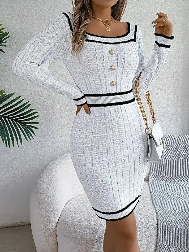 Trui-jurk met lange mouwen en contrasterende bies, gemaakt van acryl - elegante klassieke gebreide stijl