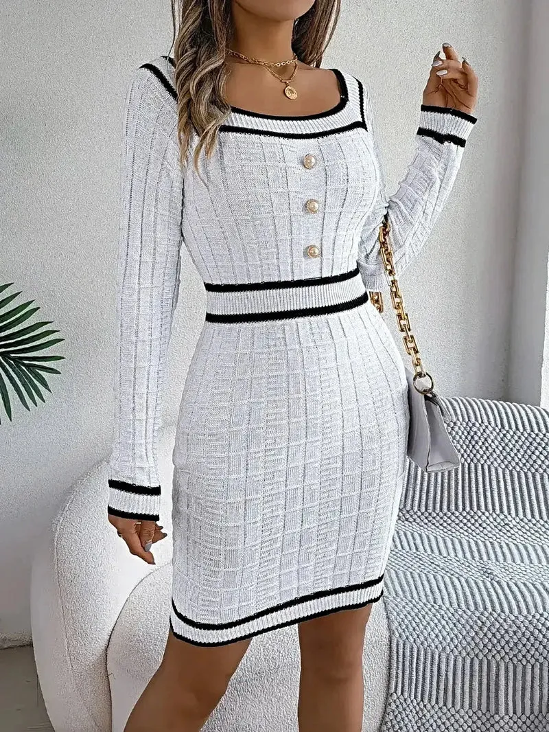 Trui-jurk met lange mouwen en contrasterende bies, gemaakt van acryl - elegante klassieke gebreide stijl
