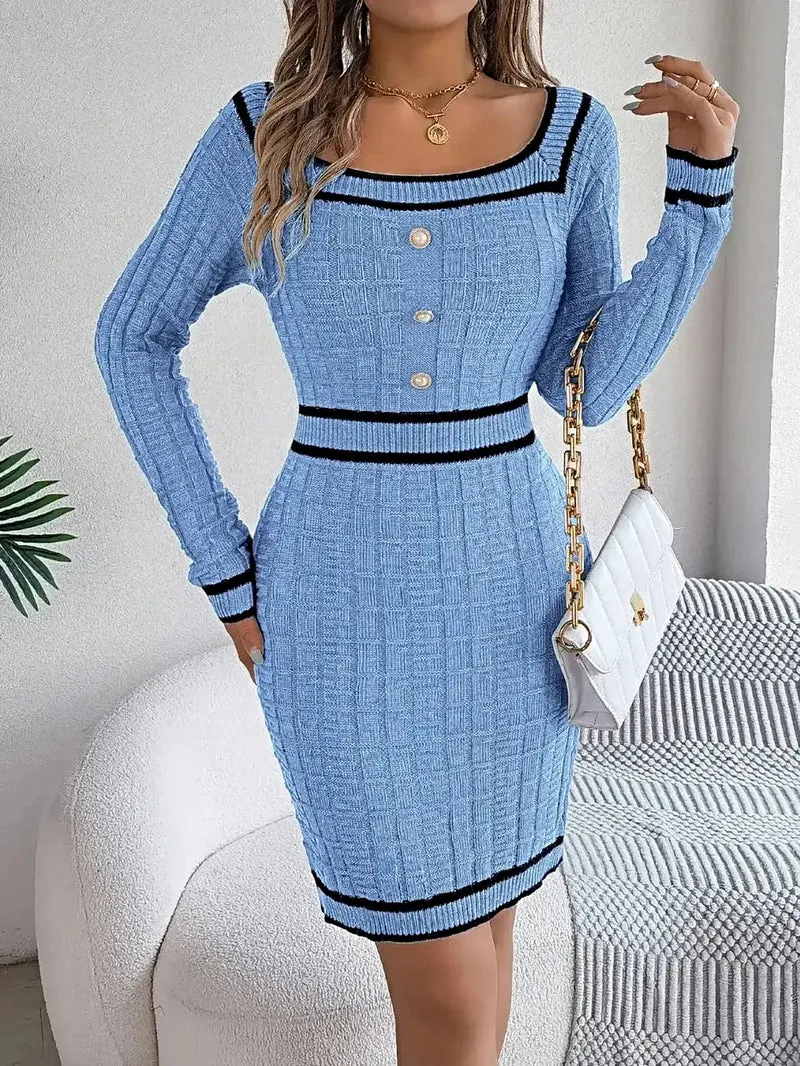 Trui-jurk met lange mouwen en contrasterende bies, gemaakt van acryl - elegante klassieke gebreide stijl