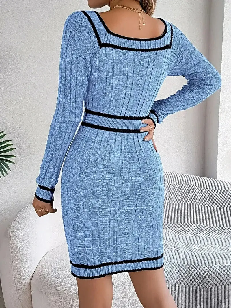 Trui-jurk met lange mouwen en contrasterende bies, gemaakt van acryl - elegante klassieke gebreide stijl