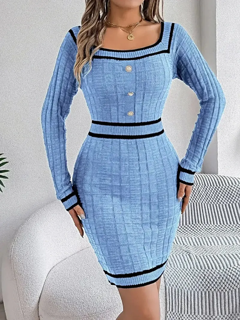 Trui-jurk met lange mouwen en contrasterende bies, gemaakt van acryl - elegante klassieke gebreide stijl