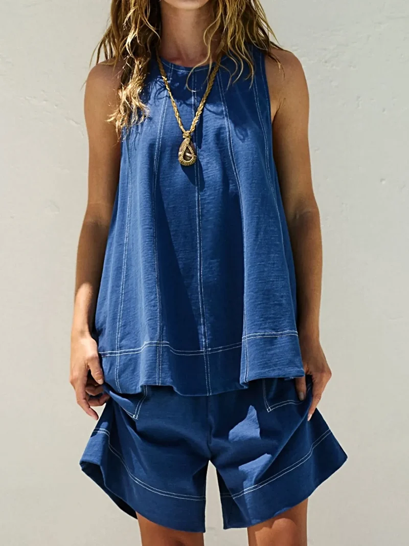 Stijlvolle denim tanktopset met contrasterende stiksels en bijpassende shorts met zakken - 2-delige set
