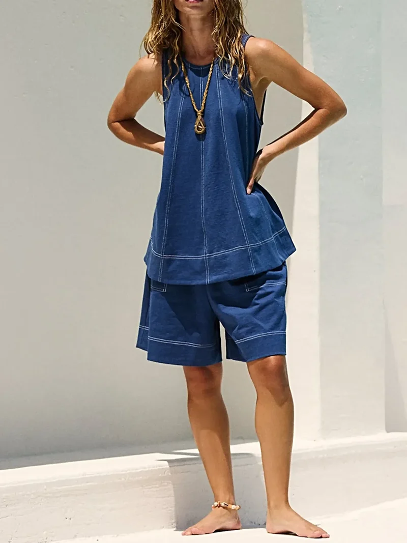 Stijlvolle denim tanktopset met contrasterende stiksels en bijpassende shorts met zakken - 2-delige set