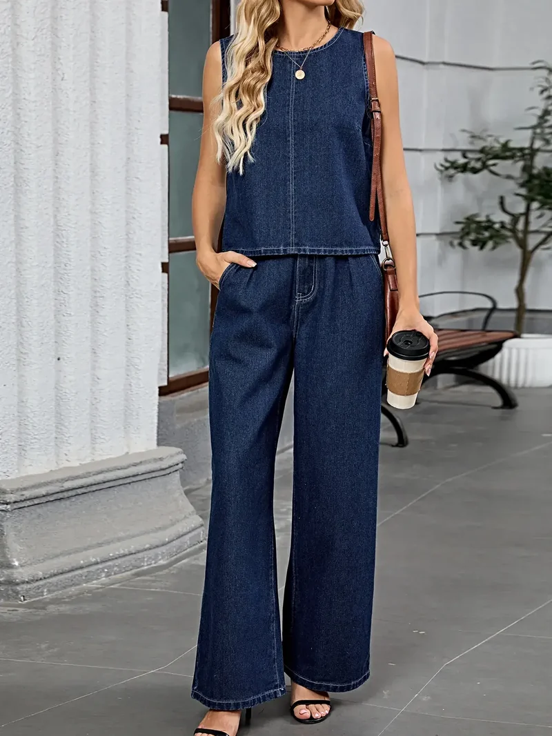 Comfortabele set bestaande uit een tanktop en een broek - met zakken, gewassen, licht elastisch, 95% rayonmix