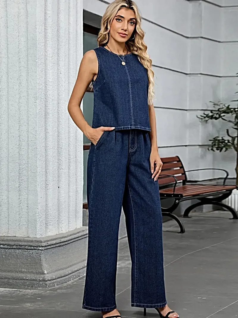 Comfortabele set bestaande uit een tanktop en een broek - met zakken, gewassen, licht elastisch, 95% rayonmix