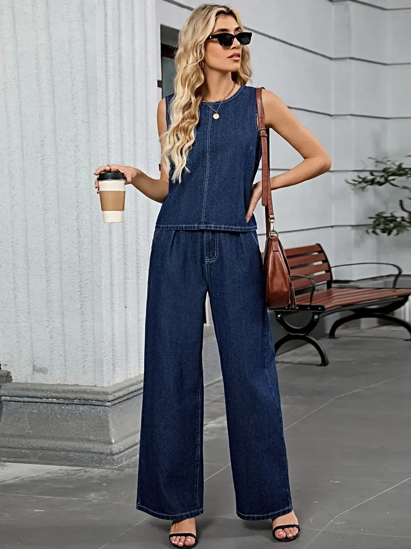 Comfortabele set bestaande uit een tanktop en een broek - met zakken, gewassen, licht elastisch, 95% rayonmix