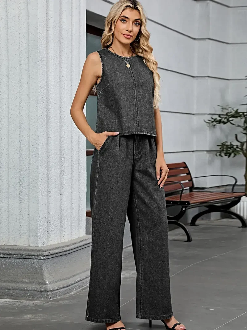 Comfortabele set bestaande uit een tanktop en een broek - met zakken, gewassen, licht elastisch, 95% rayonmix