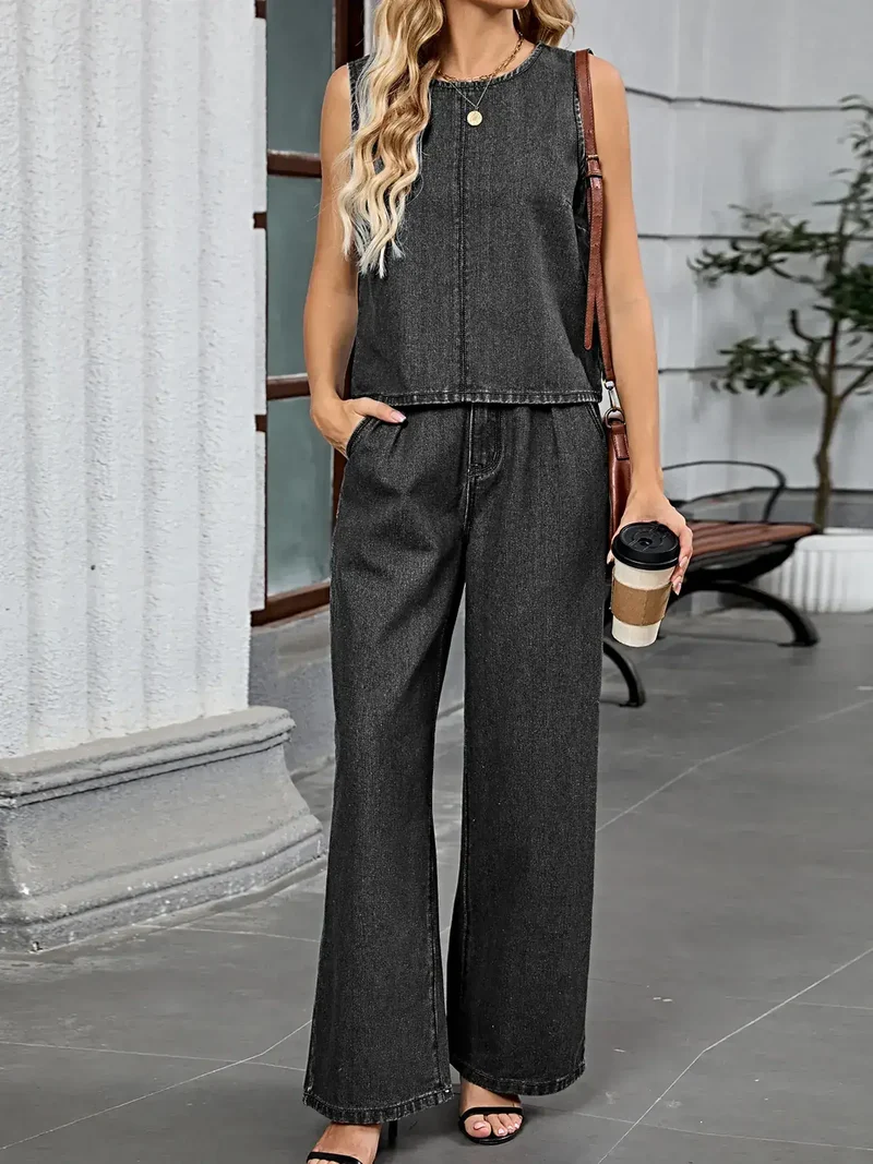 Comfortabele set bestaande uit een tanktop en een broek - met zakken, gewassen, licht elastisch, 95% rayonmix