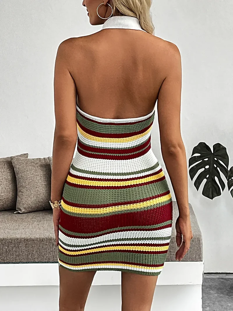 Multicolor geribbelde en gestreepte sweaterjurk met halternek, elastische gebreide pasvorm