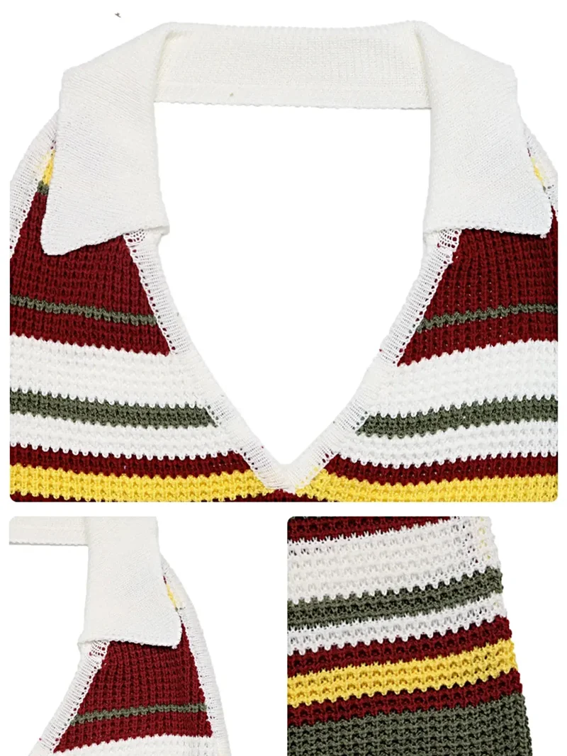 Multicolor geribbelde en gestreepte sweaterjurk met halternek, elastische gebreide pasvorm