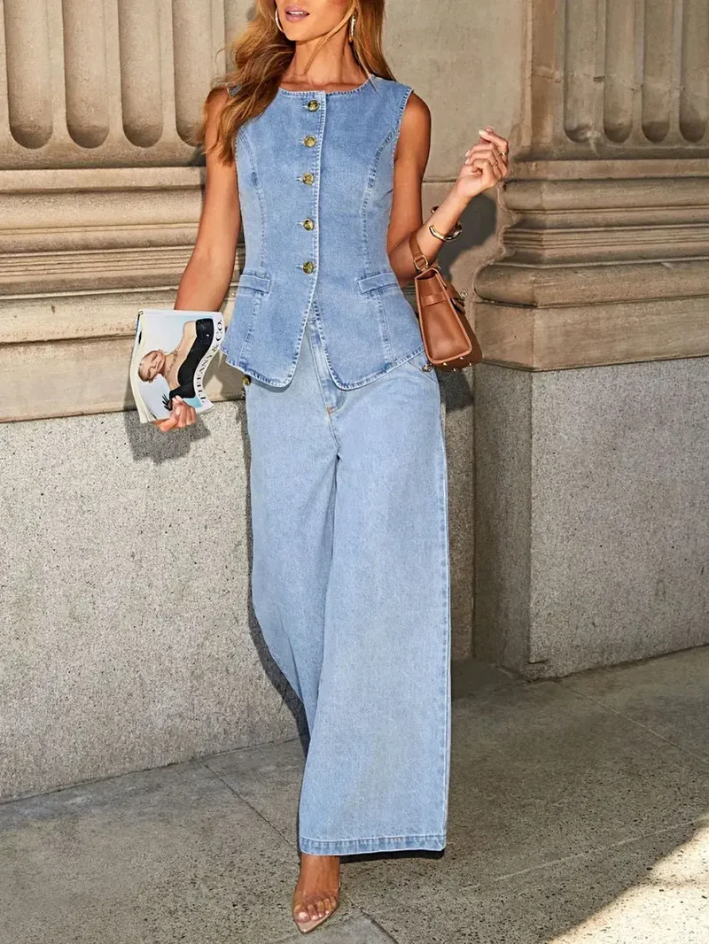 Set bestaande uit een vest met knoopsluiting en een jeans met wijde pijpen - 2-delige denim outfit met zakken, licht elastisch ontwerp