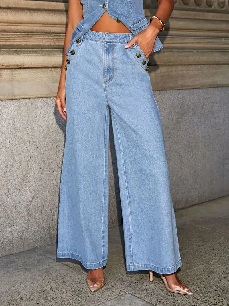 Set bestaande uit een vest met knoopsluiting en een jeans met wijde pijpen - 2-delige denim outfit met zakken, licht elastisch ontwerp