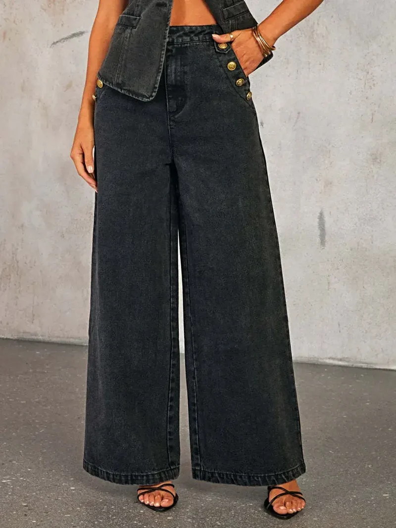 Set bestaande uit een vest met knoopsluiting en een jeans met wijde pijpen - 2-delige denim outfit met zakken, licht elastisch ontwerp