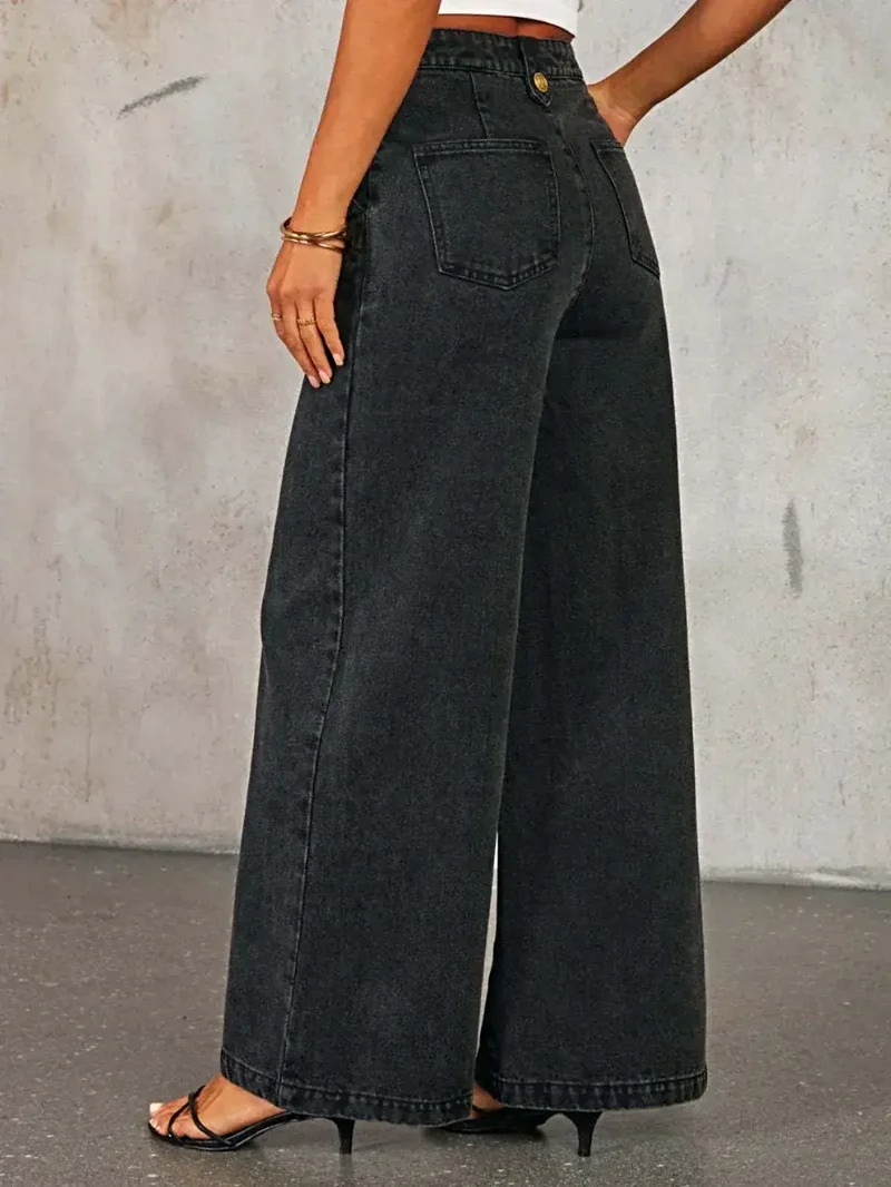 Set bestaande uit een vest met knoopsluiting en een jeans met wijde pijpen - 2-delige denim outfit met zakken, licht elastisch ontwerp