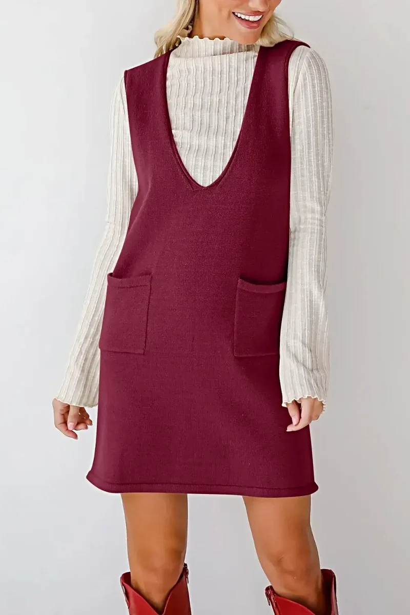 Dames sweaterjurk/overall - Verfijnde gebreide mini-jurk met V-hals en zakken, licht elastisch