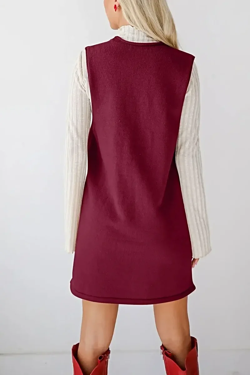 Dames sweaterjurk/overall - Verfijnde gebreide mini-jurk met V-hals en zakken, licht elastisch
