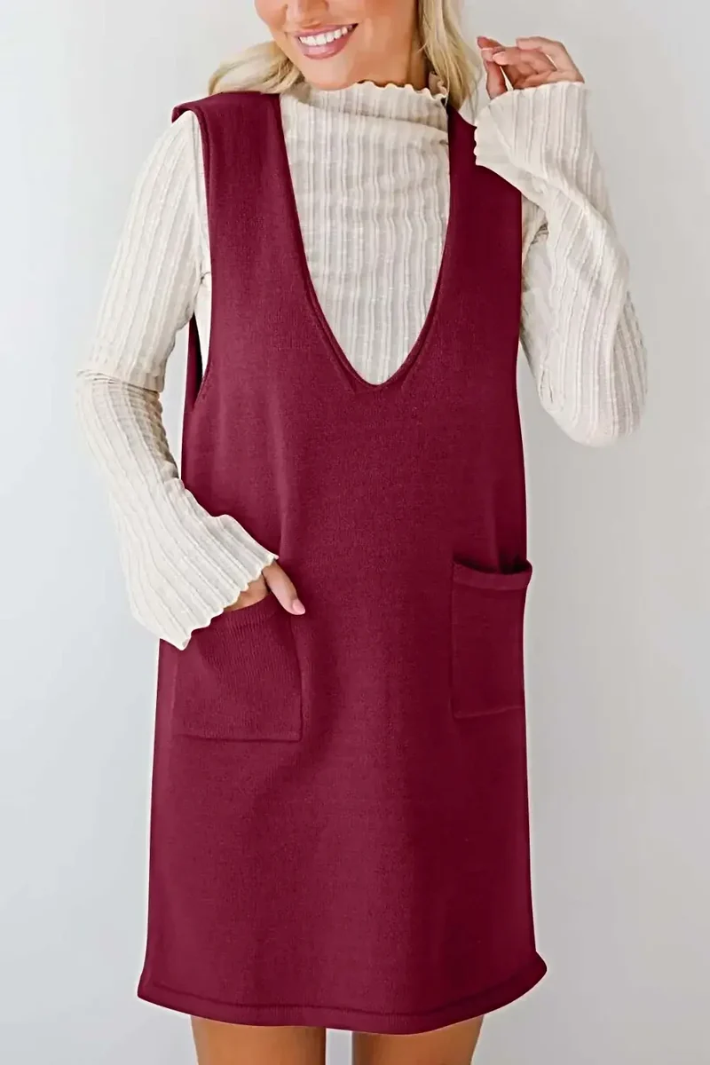 Dames sweaterjurk/overall - Verfijnde gebreide mini-jurk met V-hals en zakken, licht elastisch