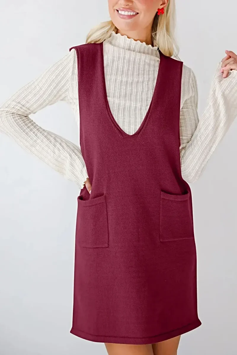 Dames sweaterjurk/overall - Verfijnde gebreide mini-jurk met V-hals en zakken, licht elastisch