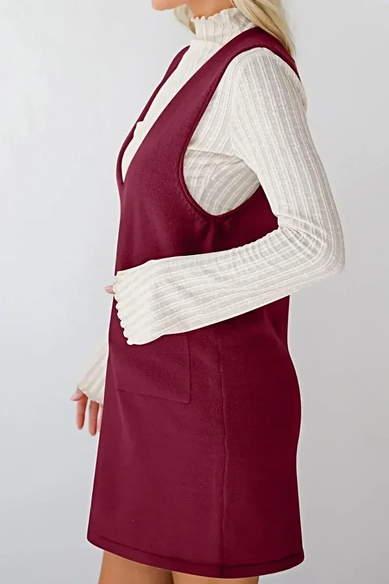 Dames sweaterjurk/overall - Verfijnde gebreide mini-jurk met V-hals en zakken, licht elastisch