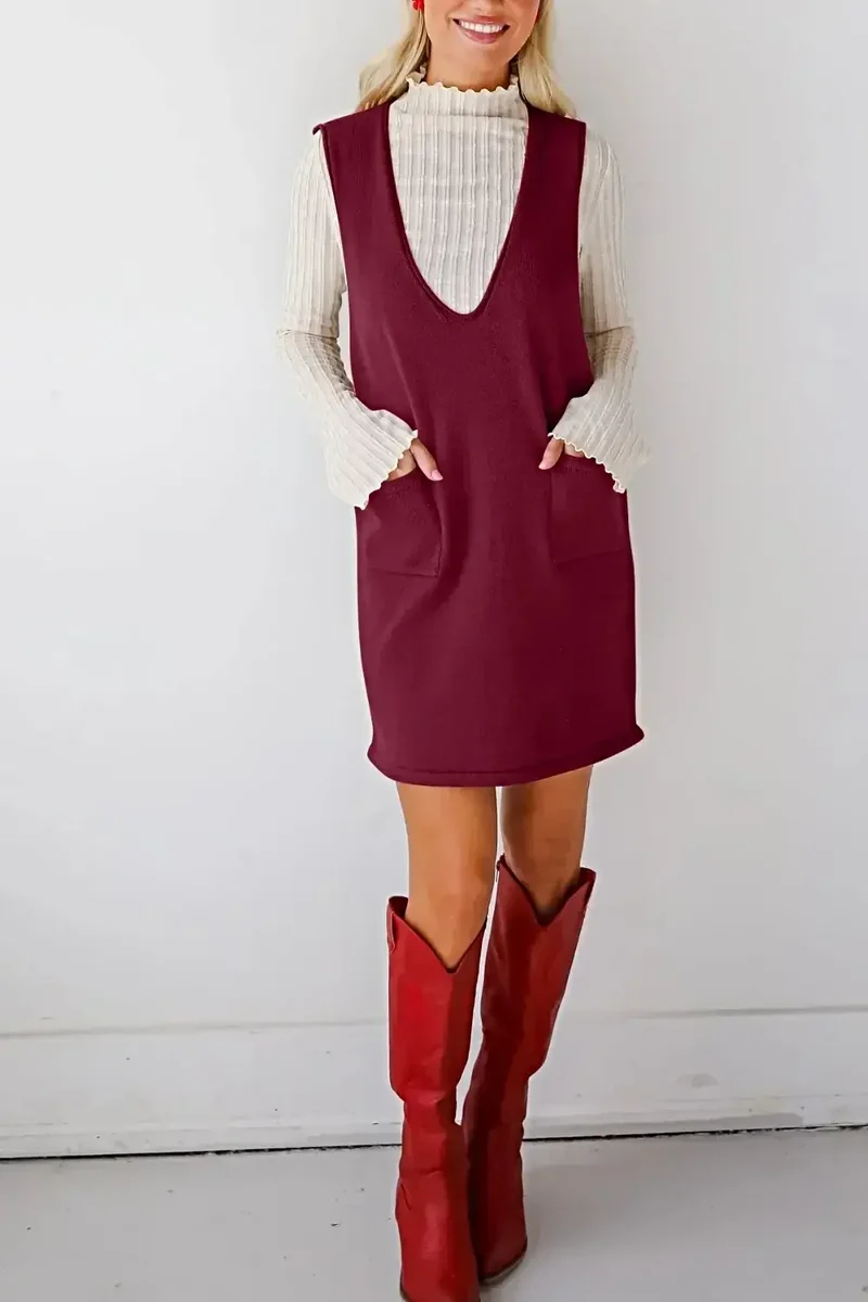 Dames sweaterjurk/overall - Verfijnde gebreide mini-jurk met V-hals en zakken, licht elastisch