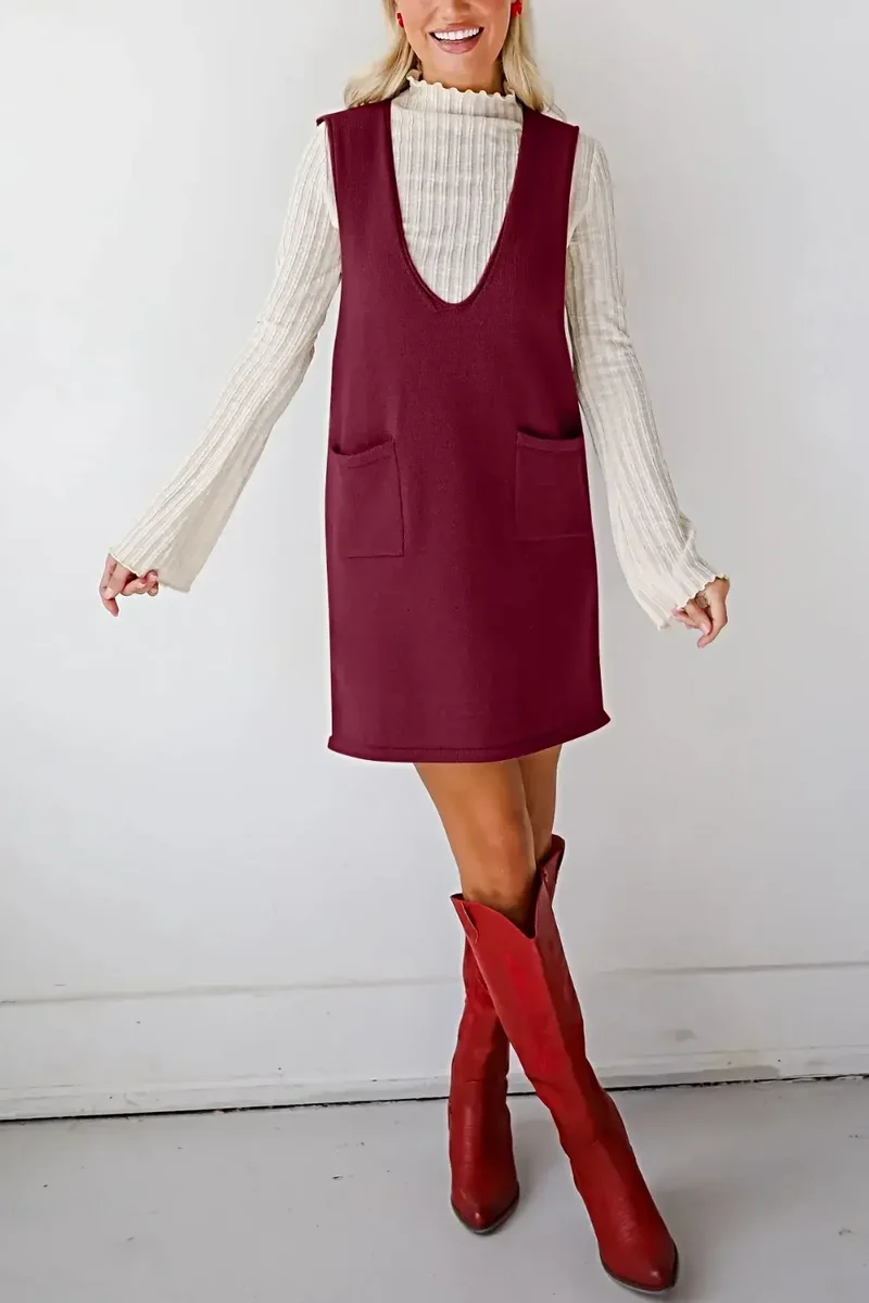 Dames sweaterjurk/overall - Verfijnde gebreide mini-jurk met V-hals en zakken, licht elastisch