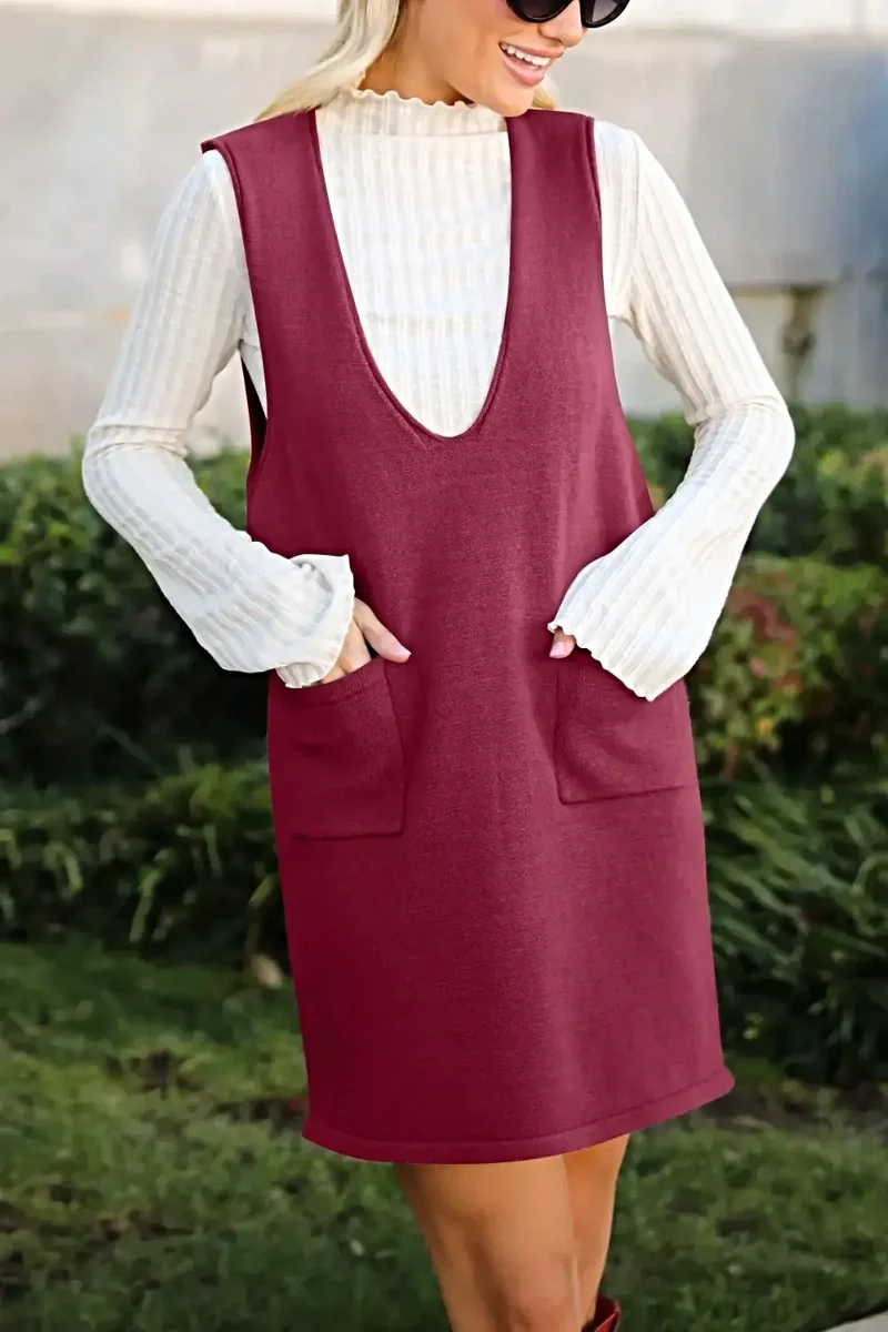 Dames sweaterjurk/overall - Verfijnde gebreide mini-jurk met V-hals en zakken, licht elastisch