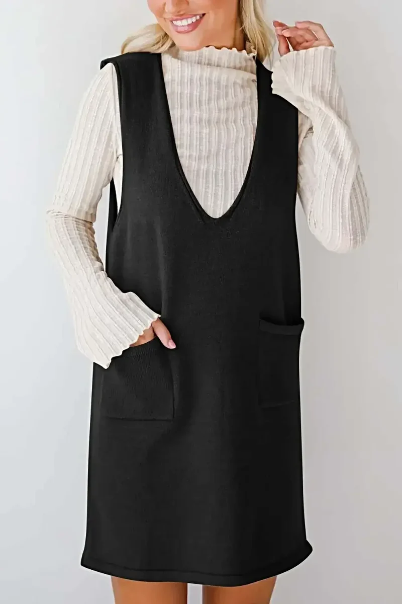 Dames sweaterjurk/overall - Verfijnde gebreide mini-jurk met V-hals en zakken, licht elastisch
