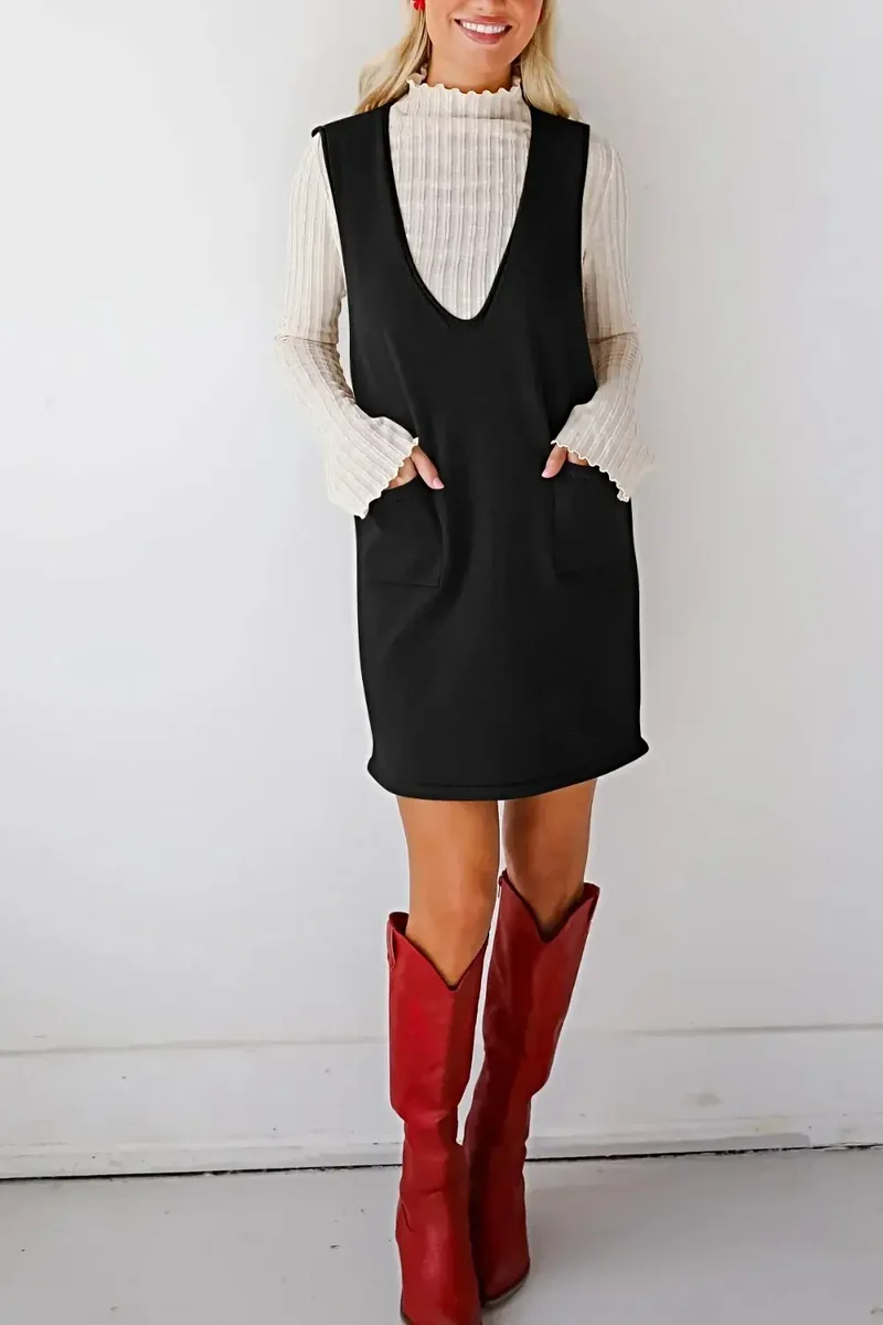 Dames sweaterjurk/overall - Verfijnde gebreide mini-jurk met V-hals en zakken, licht elastisch