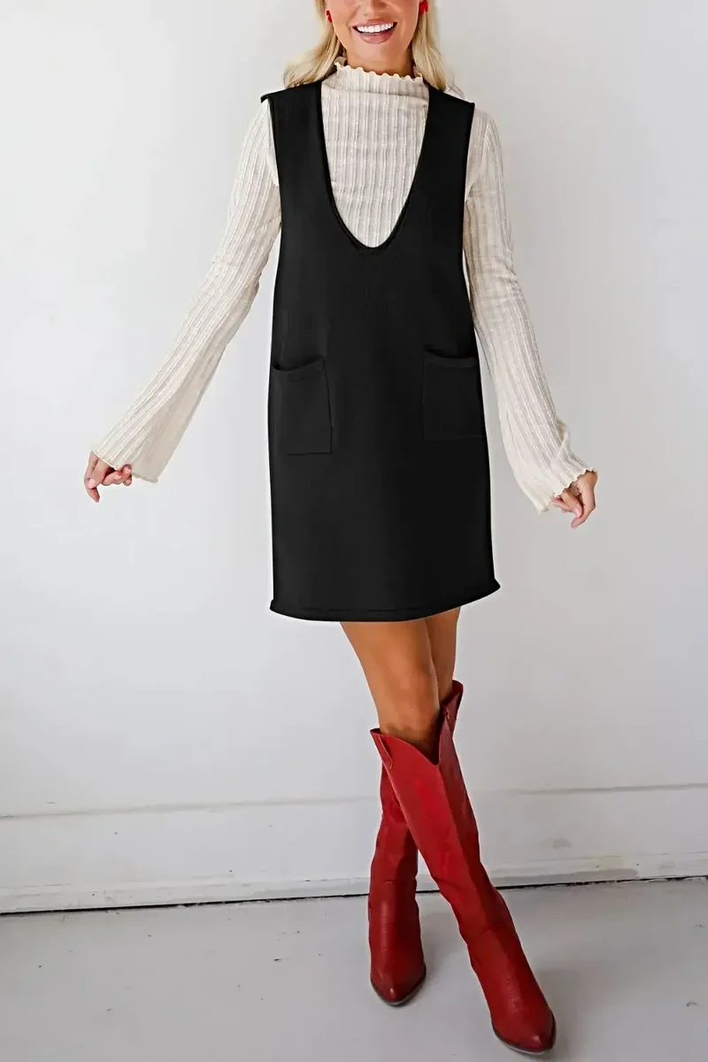 Dames sweaterjurk/overall - Verfijnde gebreide mini-jurk met V-hals en zakken, licht elastisch