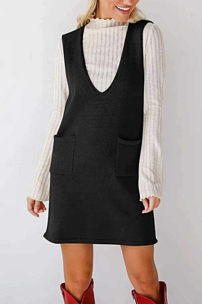Dames sweaterjurk/overall - Verfijnde gebreide mini-jurk met V-hals en zakken, licht elastisch
