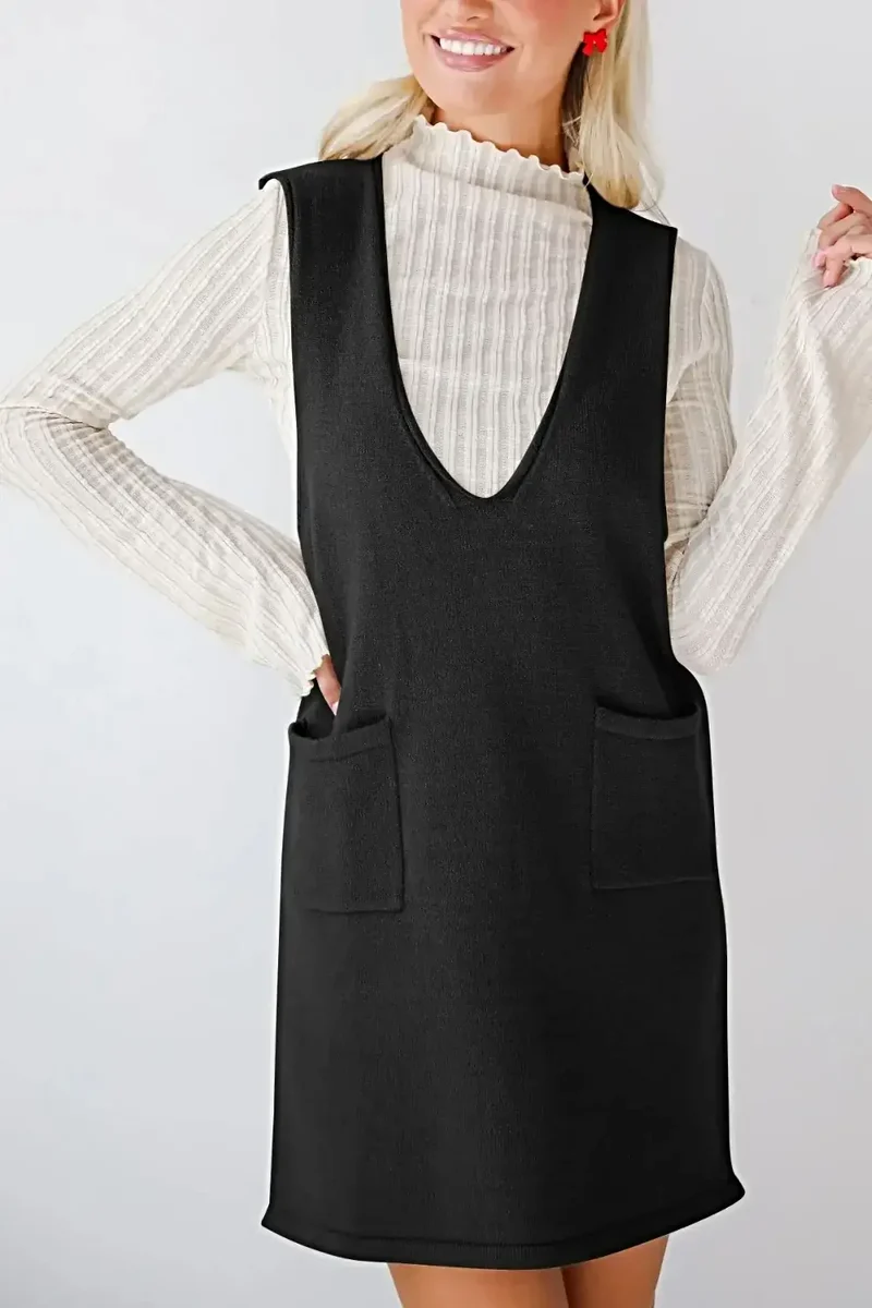 Dames sweaterjurk/overall - Verfijnde gebreide mini-jurk met V-hals en zakken, licht elastisch