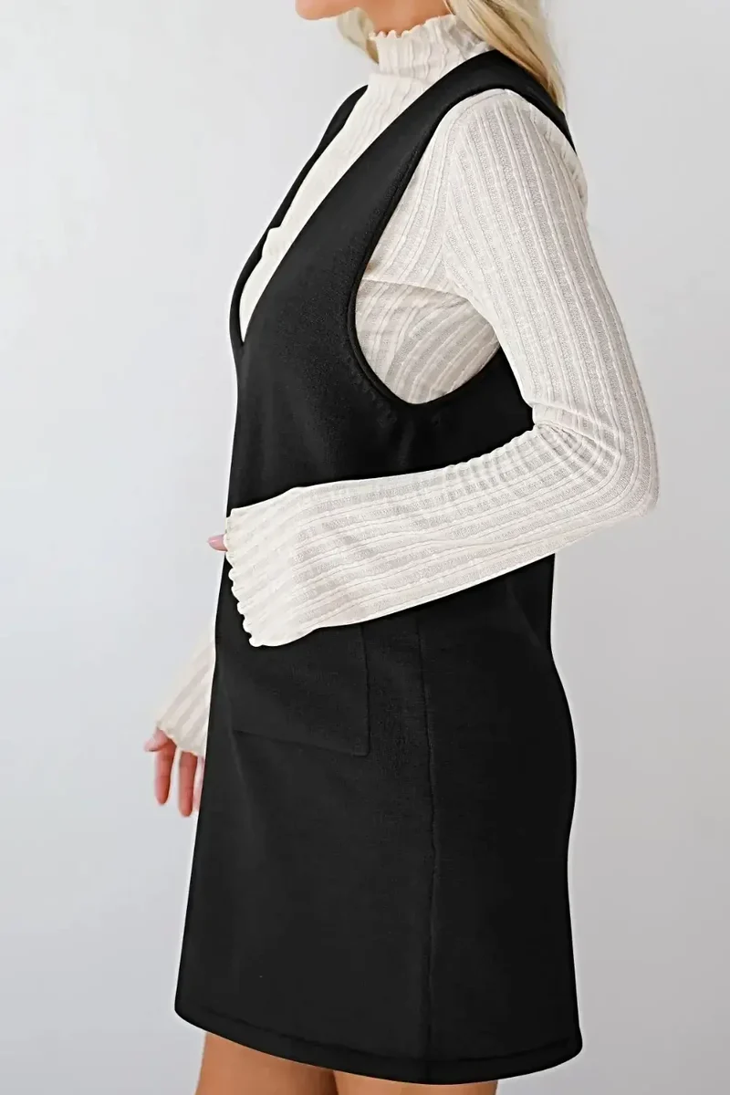 Dames sweaterjurk/overall - Verfijnde gebreide mini-jurk met V-hals en zakken, licht elastisch