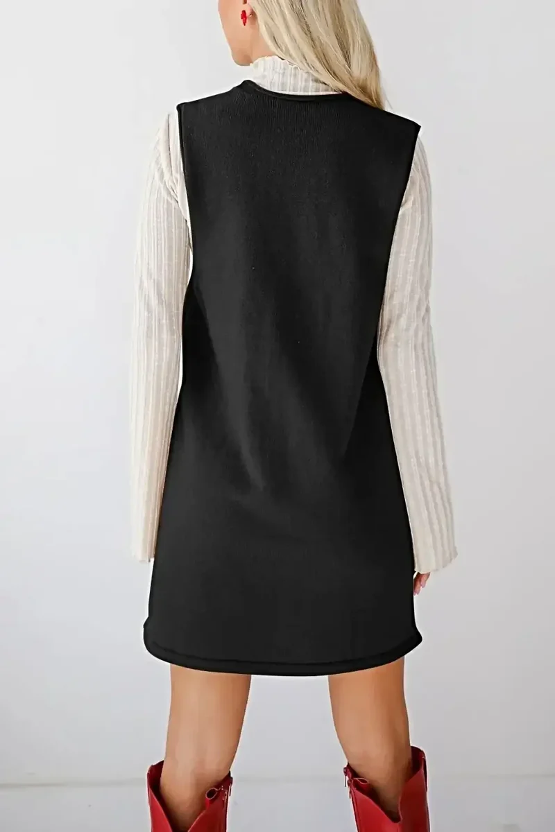 Dames sweaterjurk/overall - Verfijnde gebreide mini-jurk met V-hals en zakken, licht elastisch