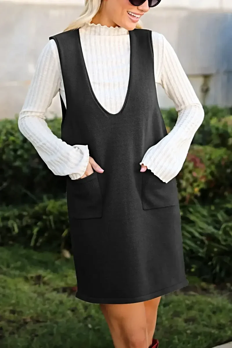 Dames sweaterjurk/overall - Verfijnde gebreide mini-jurk met V-hals en zakken, licht elastisch